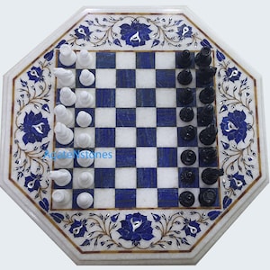 Handmade Marble White Chess set Top Table With Marbles Chess Pieces Inlaid Lapis Marquetry Floral Art Best Gift For Chess Lovers