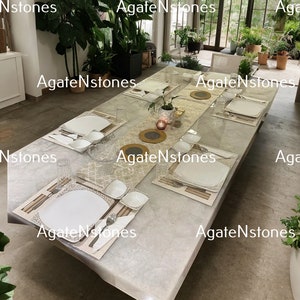 Handmade White Quartz & Agate Table – Custom Dining, Coffee, Console Tables in Natural Gemstone for Luxury Home Decor
