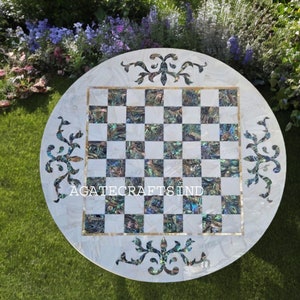 White Marble Chess Table – Round Semi-Precious Stone, Paua Shell Inlay Chessboard for Indoor Games & Luxury Home Decor