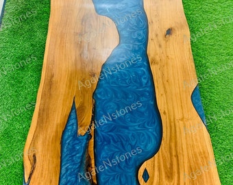Handcrafted Live Edge Walnut Table: Blue Epoxy Resin River Design