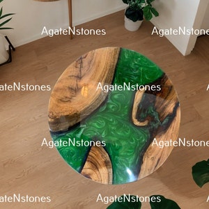 Green Epoxy Coffee Table, Custom Epoxy Resin Table, Round Natural Wood Dining Table, Handmade Epoxy Table