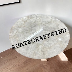 White Quartz Round Coffee Table – Luxury Gemstone Center Table for Living Room, Modern White Crystal Tabletop Decor