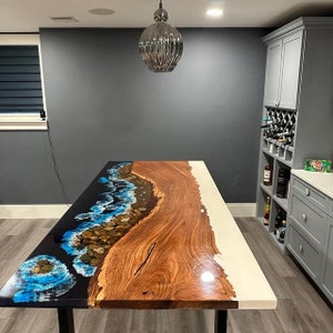 Handmade Ocean Wave Epoxy Resin River Table: Live Edge Coastal Art