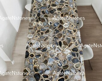 Handmade Black Agate Dining Table Top: Luxury Stone Slab