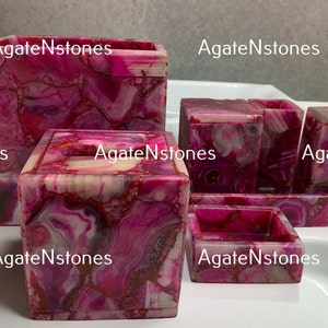 Pink Agate Bathroom Accessory Set – Luxury Handmade Gemstone Vanity Set | Tissue Box, Soap Dispenser, Toothbrush Holder | Stone Decor