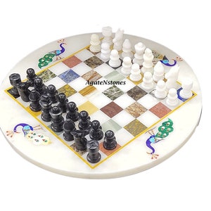 Round Marble Chess Board Table With Chess Pieces Game Board Table Pietra Dura Lpais Inlay Multi Stone Peacock Art Puzzle Chess Table Gift