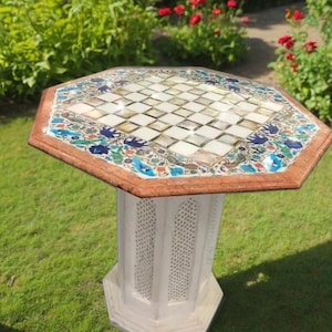 Handmade Octagon Marble Chess Table – White Stone Inlay Game Table with Gemstone Floral Art for Home Decor & Gifting