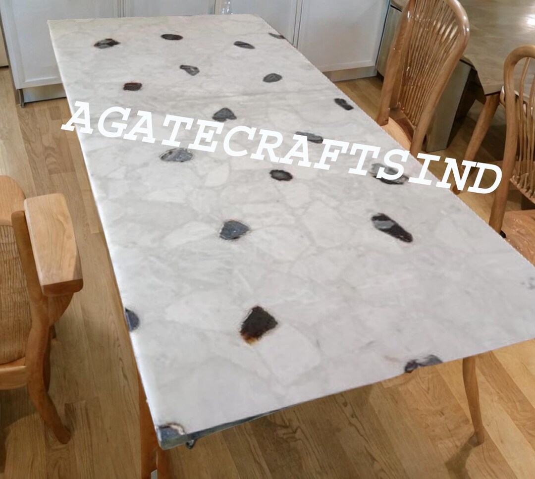 Handcrafted White Quartz Dining Table With Agate Stone Inlay Luxury