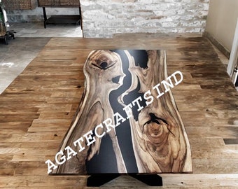 Black Epoxy Table, Epoxy Table Top with Acacia Wood, Dining Table, Live Edge Wooden Table, Resin River Table, Home Decor, Handmade Furniture