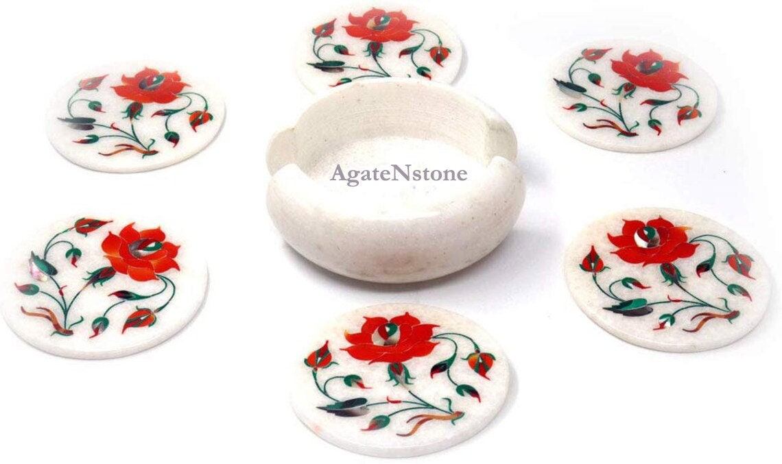 Hand Crafted Marble Inlay Coaster Setcarnelian Floral Pietra Etsy