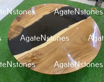 Handmade Black Epoxy Resin Coffee Table Top: Custom Round Wood Dining Table