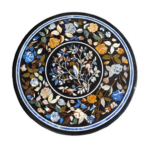 Handmade Pietra Dura Round Inlay Table Top – Black Marble Floral Dining Table, Semi-Precious Stone Art, Home Decor Centerpiece