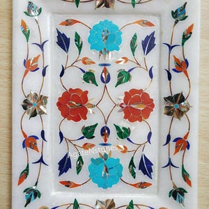 Marble Undercut Serving Tray Carnelian, Turquoise Pietra Dura Inlay Semi precious stone Decorated Kitchen Decor White Tray