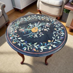 Black Marble Inlay Round Table – Handmade Floral Art Tabletop, Pietra Dura Semi-Precious Stone Coffee Table for Home Decor