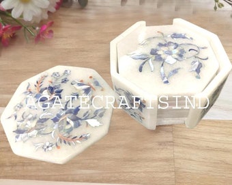 Handmade White Marble Coaster Set: Octagon Gemstone Inlay