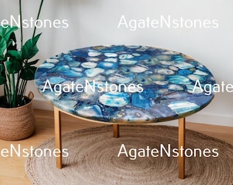 Handmade Blue Agate Round Table Top: Natural Stone Coffee Table