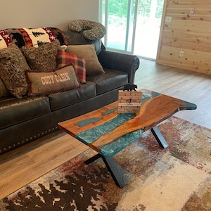 Live Edge Ocean Epoxy Table – Natural Wood Dining Table with Sea Wave Design | Handmade Resin Stone Table | Free Shipping