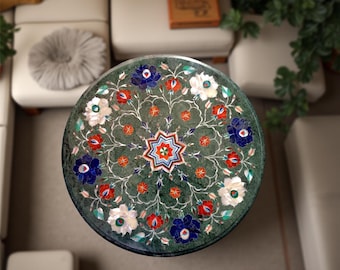 Tampo de mesa com incrustações de mármore verde – Pietra Dura floral, decoração de luxo.