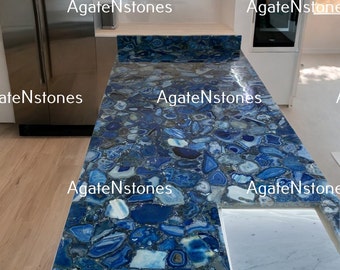 Handcrafted Blue Agate Table Top: Polished Stone Slab, Custom Size