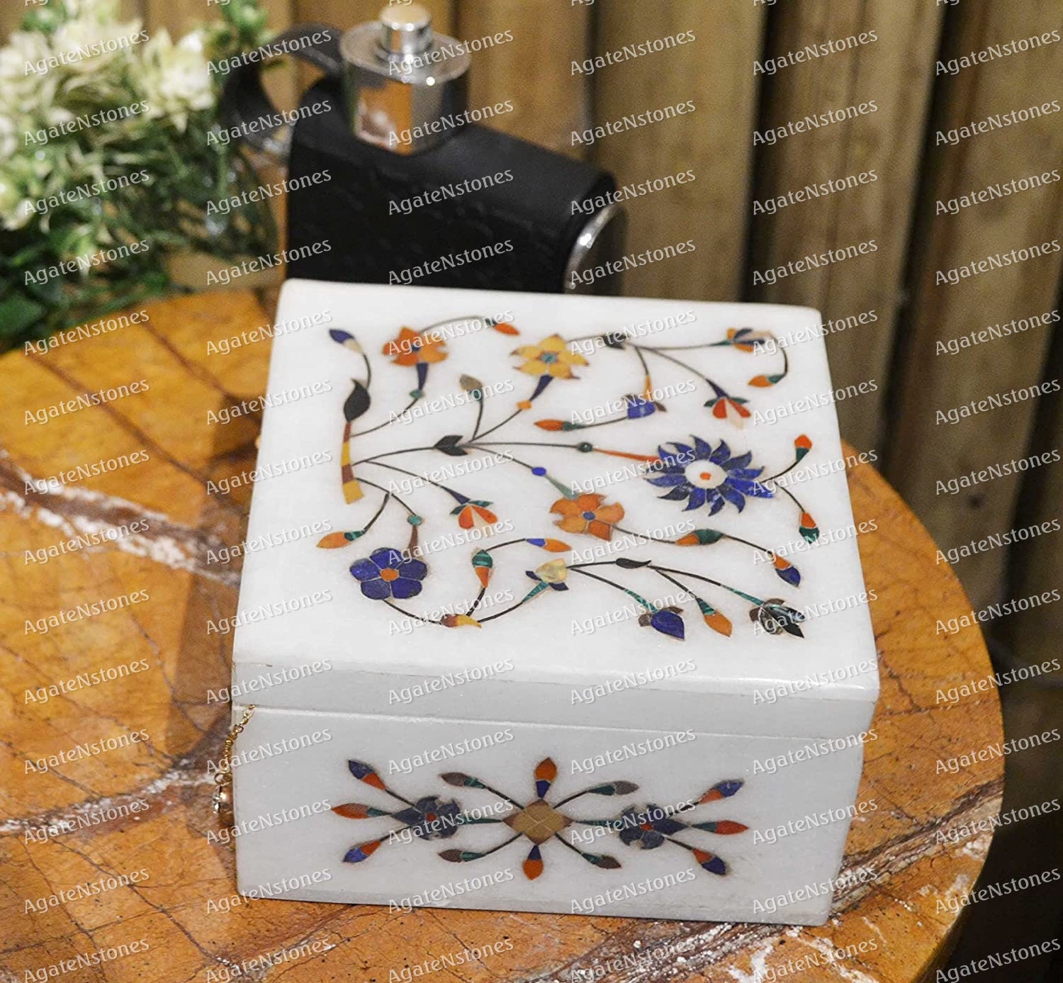 Marble Jewelry Box Pietra dura Lapis Inlay Stone Handicraft Home Decor Gift 