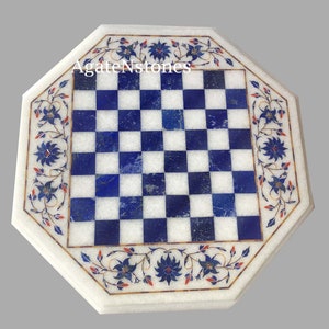 sale Online White Marble Center Chess Table Top Lapis lazuli Inlay Stone Floral Art Handmade Chess Table Chess Board Home Decor Table Top