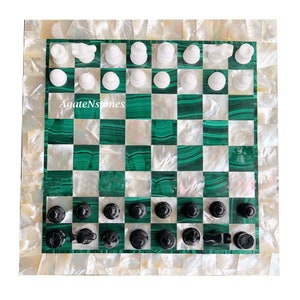Das Queens Gambit Schachset Perlmutt mit Malachitstein-Inlay Premium Marmor Schachbrett handgemachte Schachfiguren für Weihnachtsgeschenk