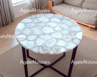 Elegante mesa de centro redonda de ágata blanca: muebles de piedra de lujo para interiores de decoración del hogar moderno