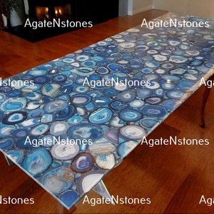 Handcrafted Blue Agate Dining Table with Mosaic Stone Arts Liviung Room & Home Decor