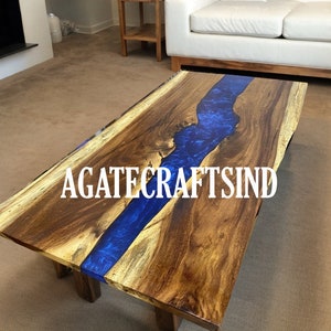 Live Edge Wood and Blue Epoxy River Dining Table – Handmade Resin Coffee Table Furniture for Modern Home Decor Interiors