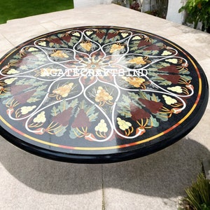 Handcrafted Pietra Dura Inlay Round Table – Black Marble Coffee Table Top for Luxury Home & Office Decor