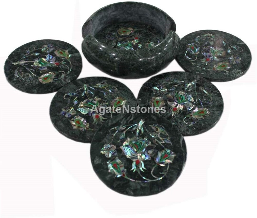 Unique Green Marble Coaster Set With Holder set of 6 Etsy