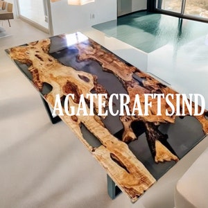 Luxury Live Edge Burl Wood and Black Epoxy Resin Dining Table – Handmade Modern Statement Furniture for Home & Office
