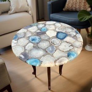 White Quartz Coffee Table – Handmade Round Crystal Blue Stone Table, Luxury Gemstone Furniture for Home & Living Room
