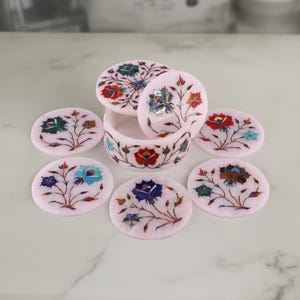 White Marble Coaster Set of 7 with Holder – Handmade Stone Inlay Drink Coasters for Wedding, Housewarming & Mother’s Day Gifts