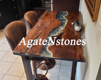 Handmade Walnut Epoxy Resin River Dining Table: Live Edge Ocean Wave