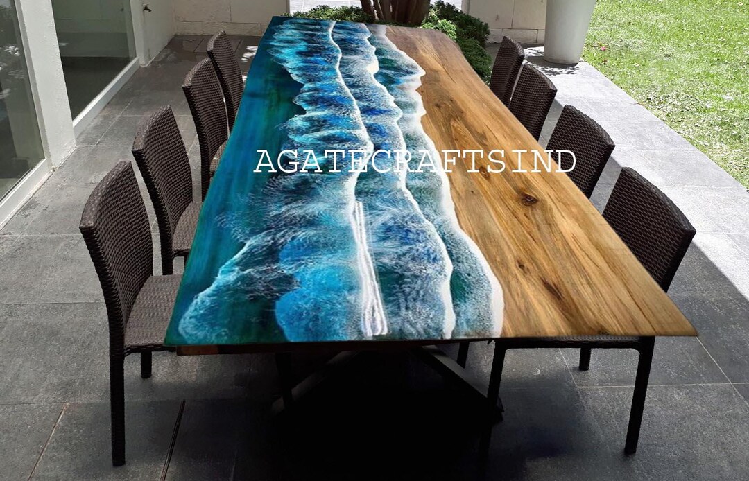 Ocean Wave Epoxy Resin Table, Customized Live Edge Epoxy Resin Dining ...