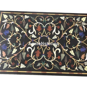 Black Marble Inlay Tabletop – Handmade Floral Pietra Dura Dining Table – Semi Precious Stone Marquetry Art Decor