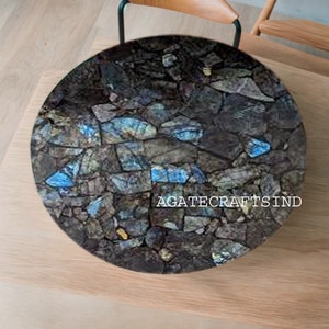 Round Labradorite Stone Coffee Table – Flashy Gemstone Table Top, Handmade Semi Precious Crystal Furniture for Living Room Decor