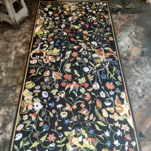 Black Marble Handmade Dining Center tops Table With Inlaid Marquetry Floral Birds Design Outdoor Decor