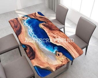 Tablero de mesa epoxi oceánico hecho a mano: mesa de comedor de resina de nogal