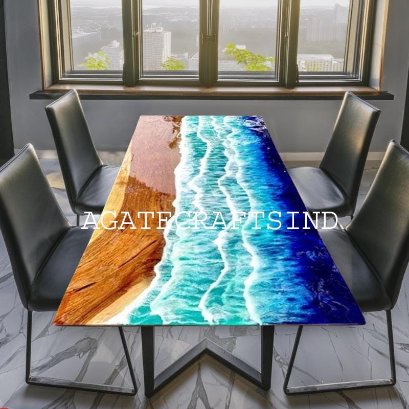 Handmade Ocean Wave Epoxy Resin Table | Coastal Beach Wood Dining
