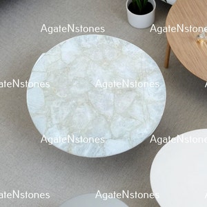 Handmade White Quartz Agate Coffee Table Top | Round Center & Side Table for Living Room or Office Decor Furniture
