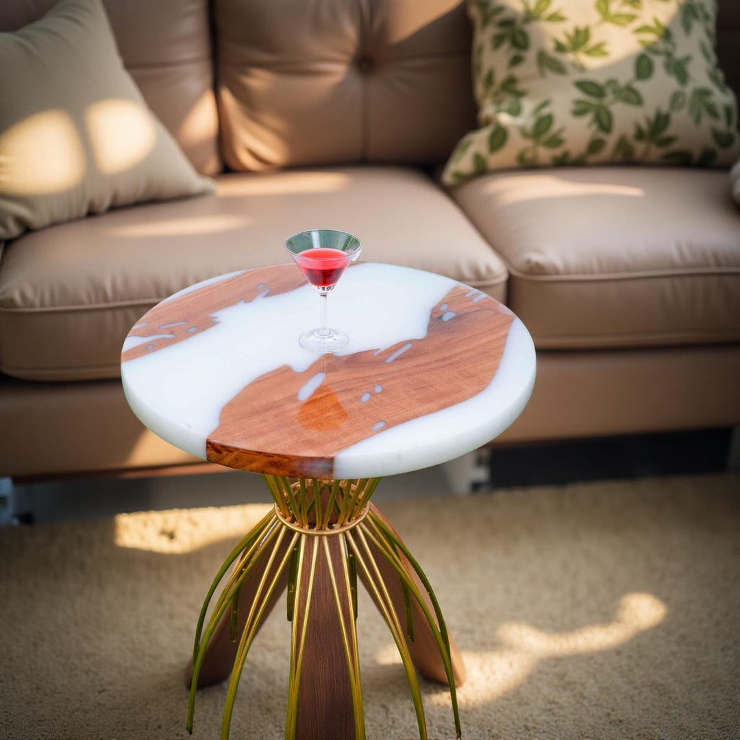 Handmade White Epoxy Resin Side Table | Modern Wood Accent Table - Etsy