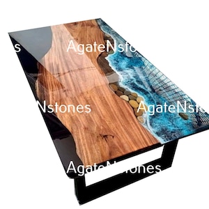 Custom Made Ocean Epoxy Resin Table, Live Edge Center Table, Custom River Table, Natural Wood Blue Ocean Table, Walnut Table Top,River Table