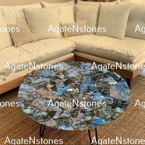 Labradorite Round Coffee Table – Handmade Gemstone Crystal Tabletop | Healing Stone Furniture for Living Room | Blue Iridescent Decor