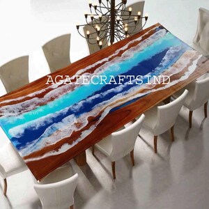 Ocean Wave Epoxy Resin Dining Table – Handmade River Table with Beach Design & Natural Wood for Coastal Home Decor