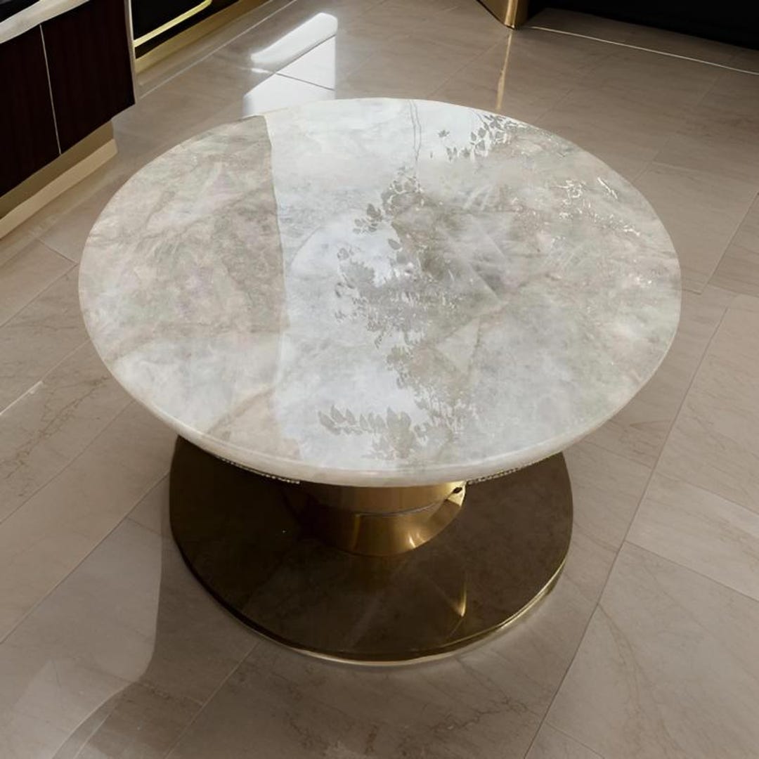 White Quartz Coffee Table Luxury Round Gemstone Table Elegant Sofa