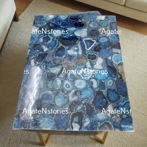 Luxury Blue Agate Gemstone Table Top – Handmade Dining Table, Stone Coffee Table, Countertop & Center Table for Mid-Century Modern Art