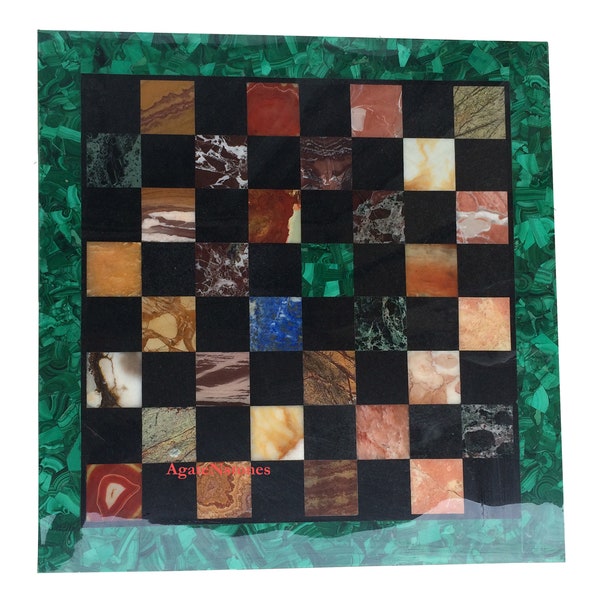 Malachite & Marble Inlay Chess Board Table: Semiprecious Stone Art