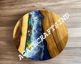 Ocean Waves Table, Epoxy Coffee Table, Epoxy Side & Center Table Top, Living Room Table, Acacia Wood Round  Table, Handmade Furniture